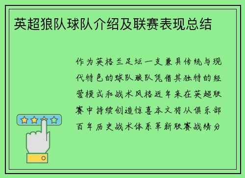 英超狼队球队介绍及联赛表现总结