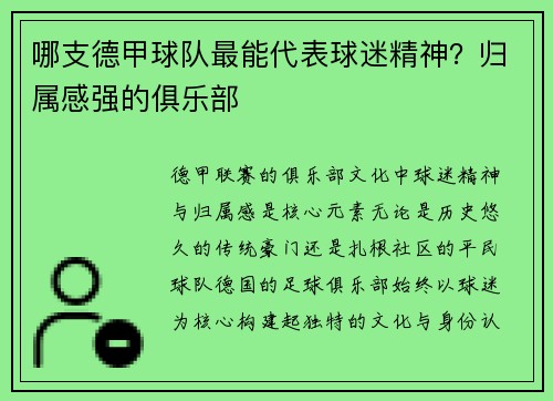 哪支德甲球队最能代表球迷精神？归属感强的俱乐部